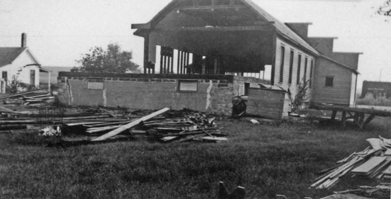 Dismantling the old hall in 1954, rear view. 